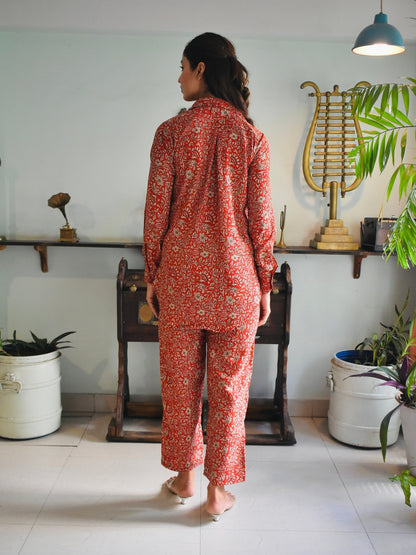 Red Floral Crepe Cord Set