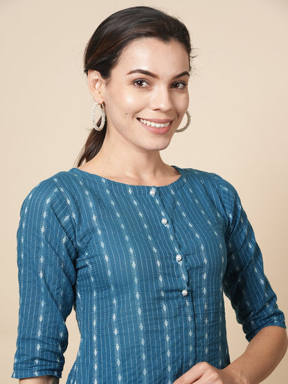 Turquoise Kantha Kurta Set