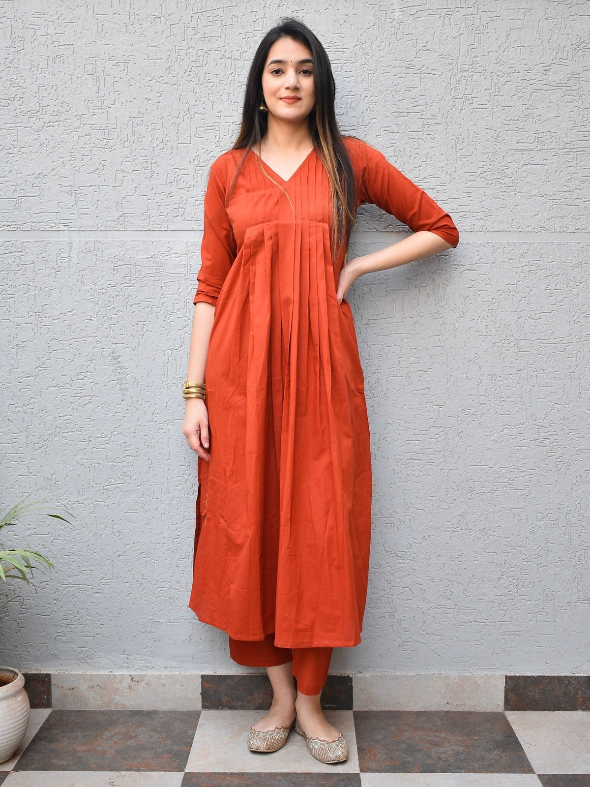 Rust Pintuck Cotton Kurta Set