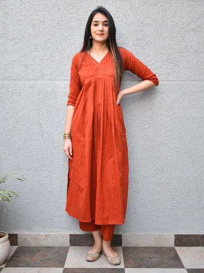 Rust Pintuck Cotton Kurta Set