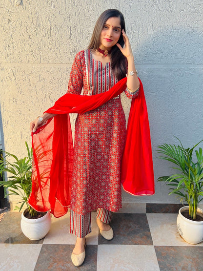 Red Rani Handblock Suit Set
