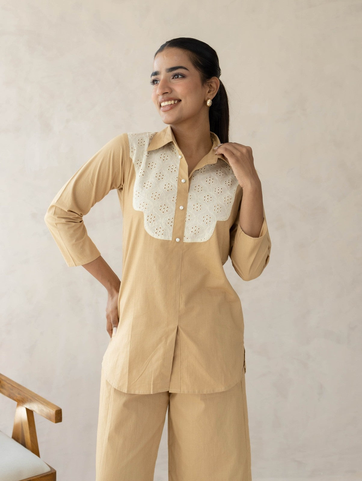 Beige Schiffli Cord Set
