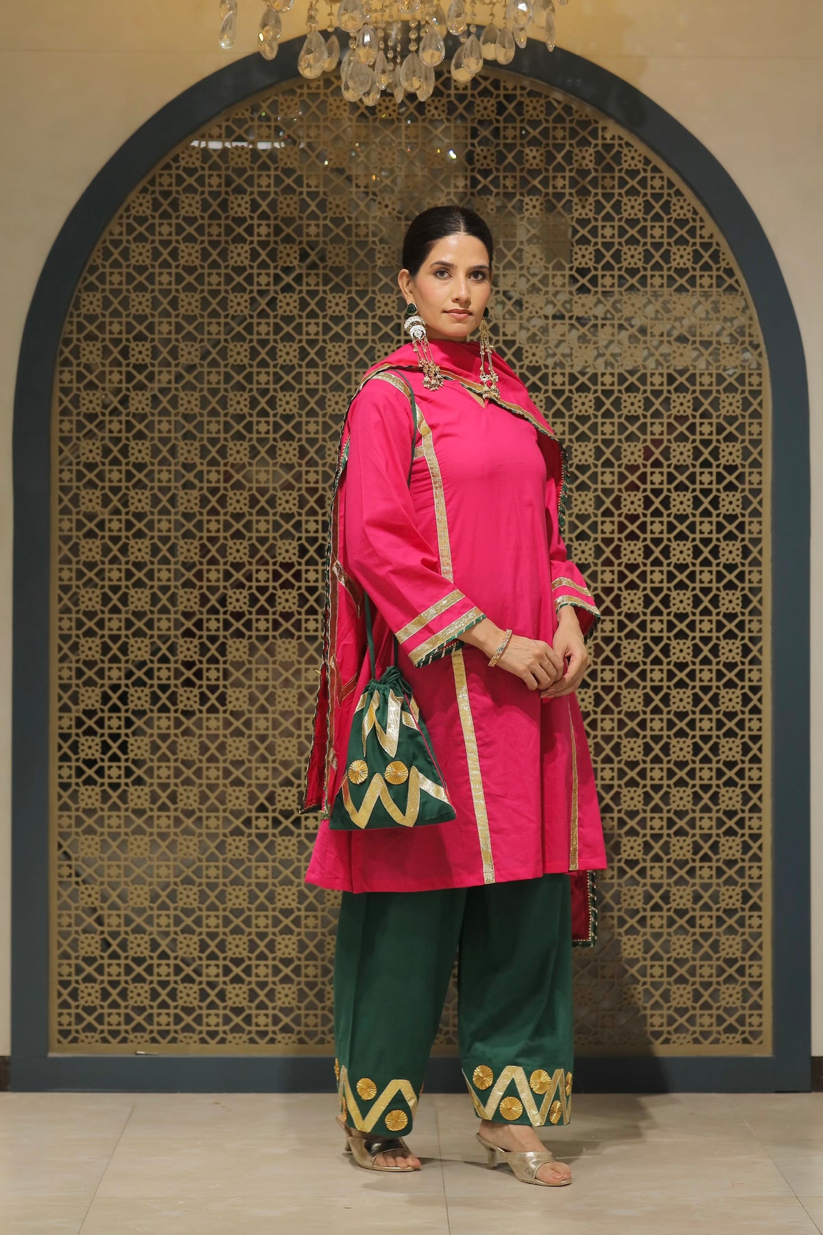 Pink Choga With Salwar Potli & Dupatta Suit Set