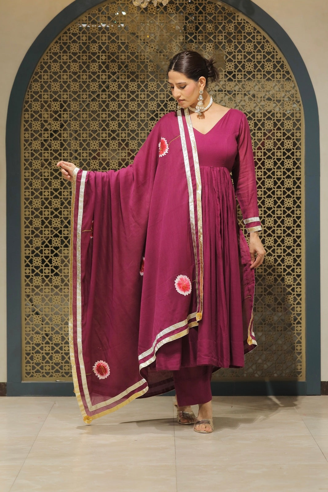 Jamuni Mulmul Handpainted Anarkali Suit Set