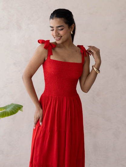 Red Smocked Tier Dress