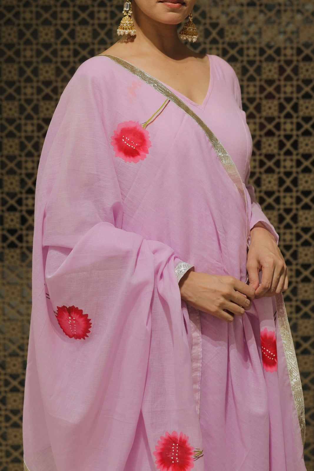Lilac Mulmul Handpainted Anarkali Suit Set