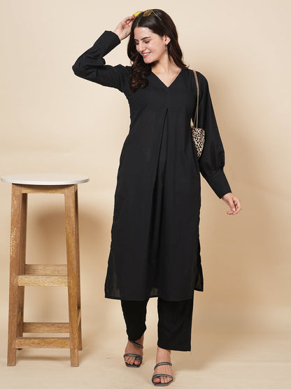 Pleated Black Kurta Set