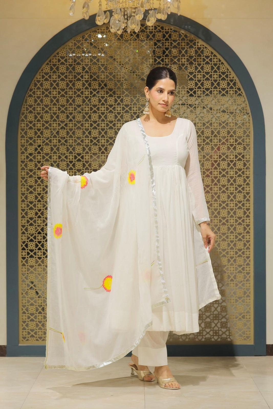 White Mulmul Handpainted Anarkali Suit Set
