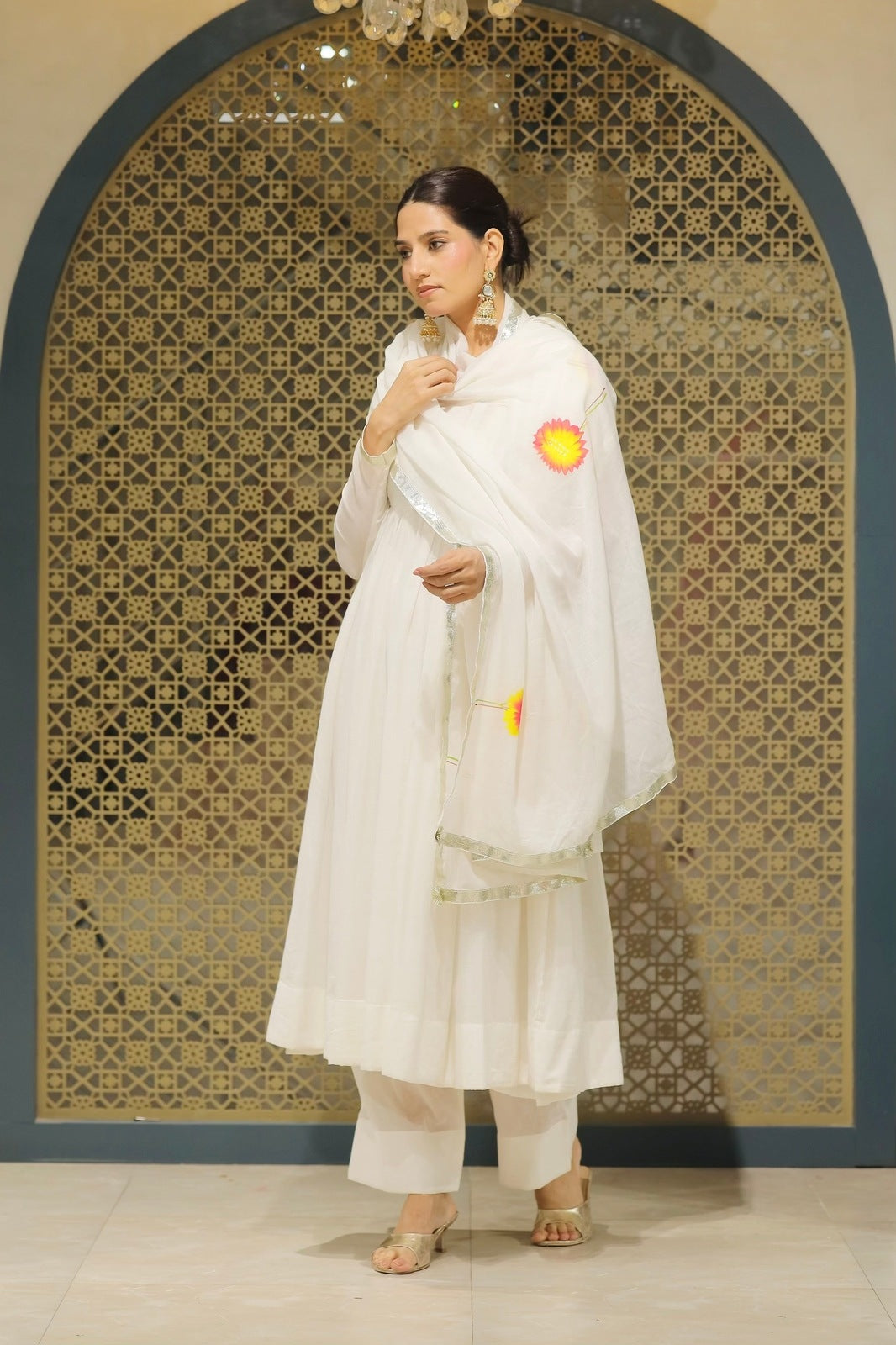 White Mulmul Handpainted Anarkali Suit Set