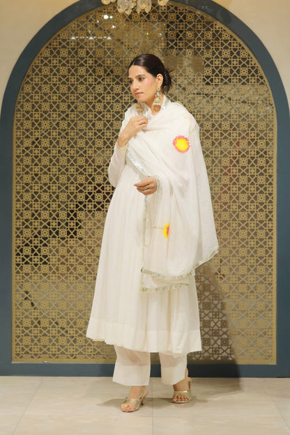 White Mulmul Handpainted Anarkali Suit Set