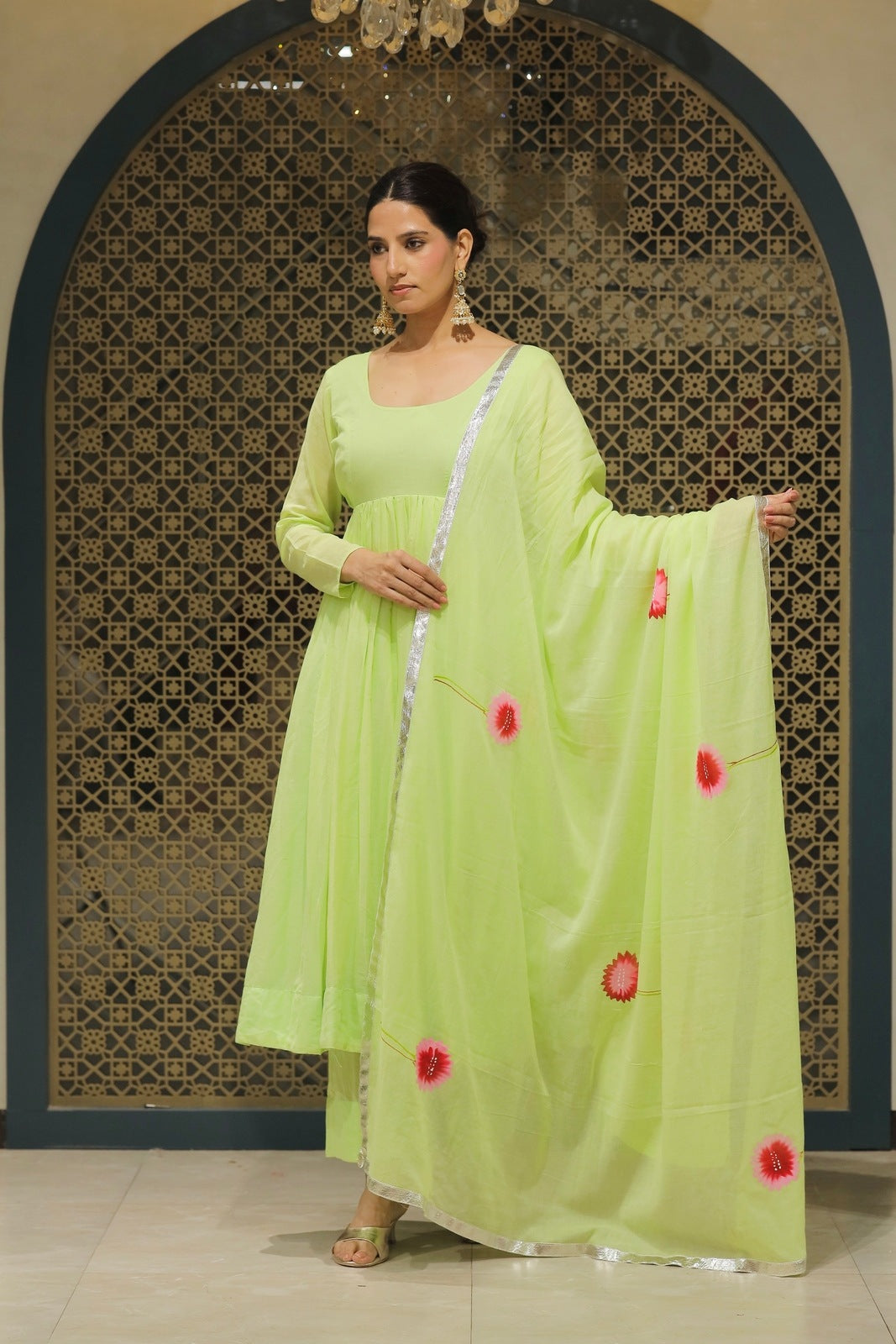 Pista Mulmul Handpainted Anarkali Suit Set