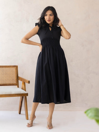 Black Linen Smocked Dress