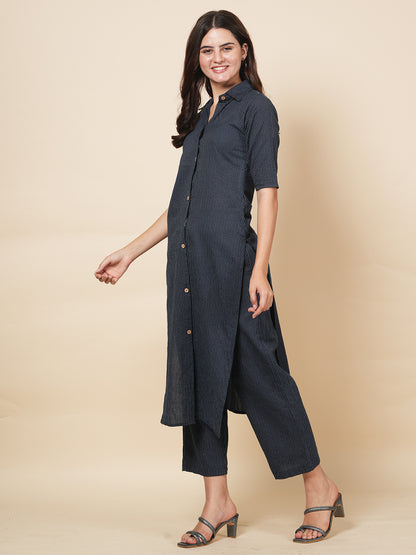 Blue Kantha Embroidered Kurta Set