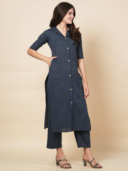 Blue Kantha Embroidered Kurta Set