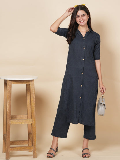 Blue Kantha Embroidered Kurta Set