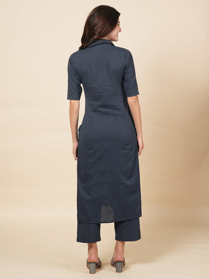 Blue Kantha Embroidered Kurta Set