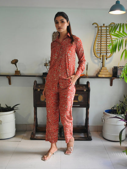 Red Floral Crepe Cord Set