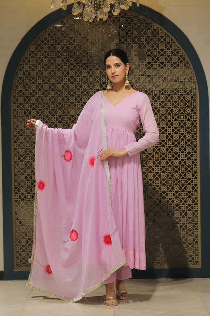 Lilac Mulmul Handpainted Anarkali Suit Set