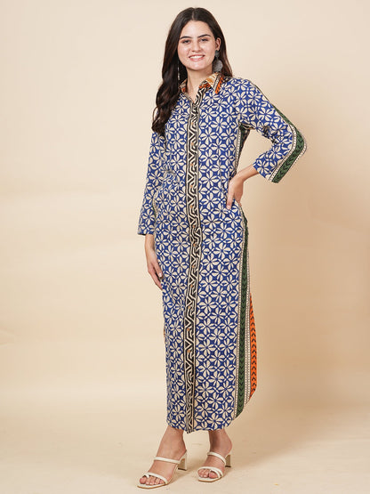 Navy Bagru Kaftan Dress