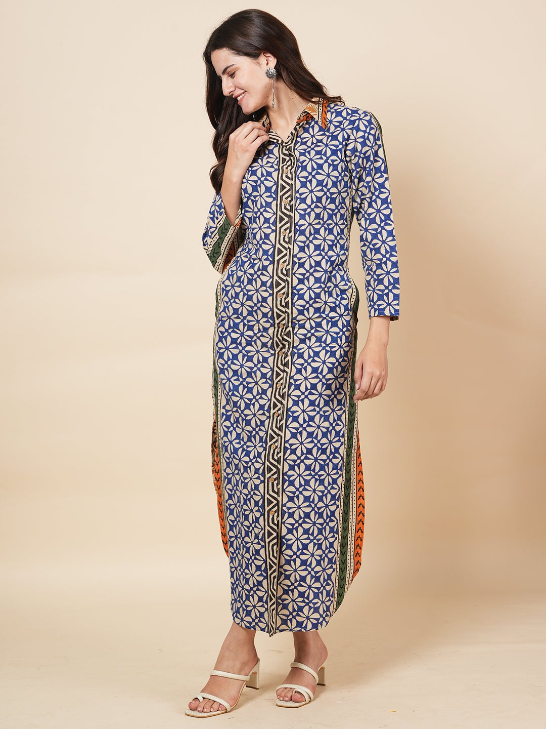 Navy Bagru Kaftan Dress