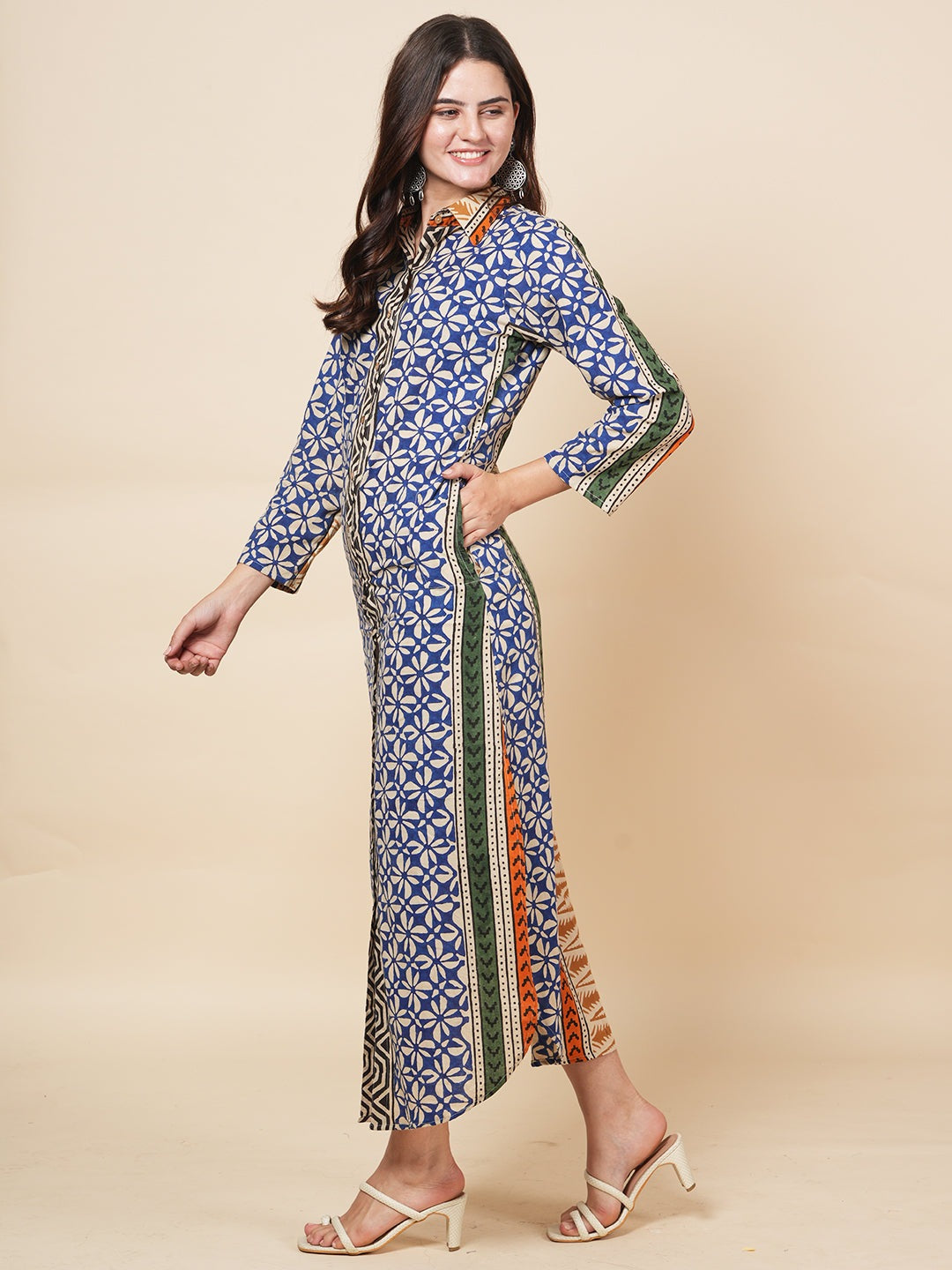 Navy Bagru Kaftan Dress