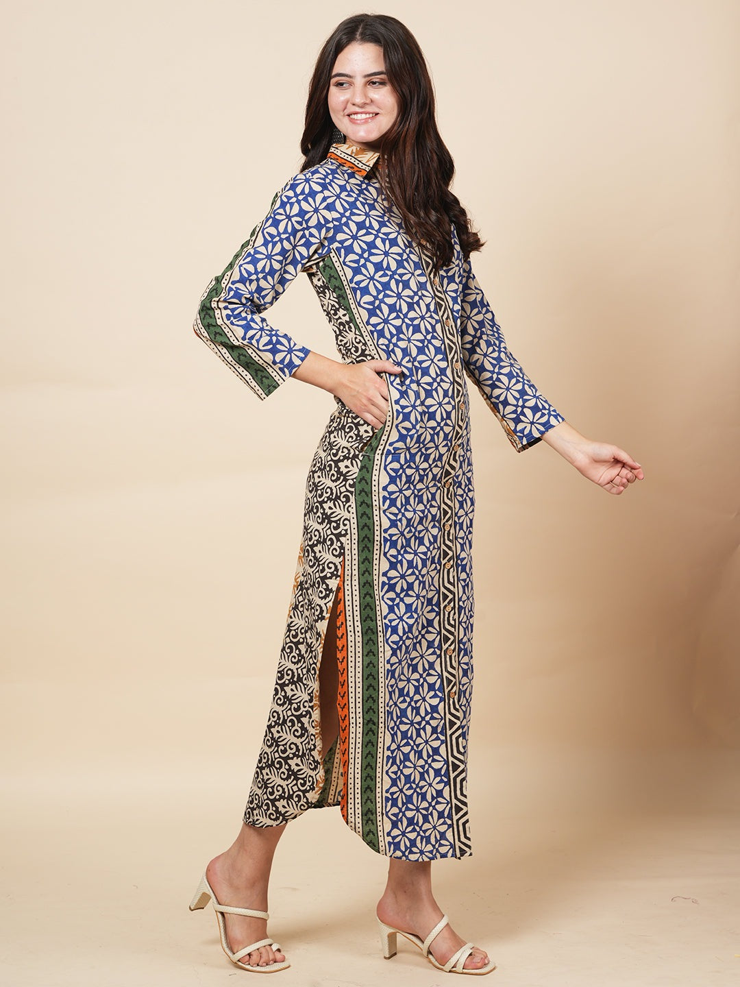 Navy Bagru Kaftan Dress