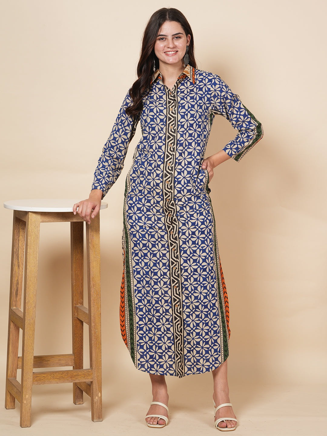 Navy Bagru Kaftan Dress