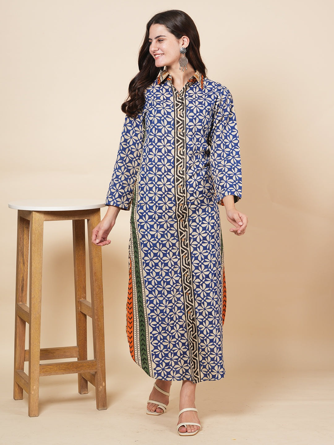 Navy Bagru Kaftan Dress