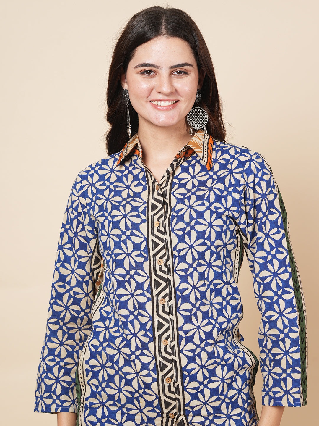 Navy Bagru Kaftan Dress