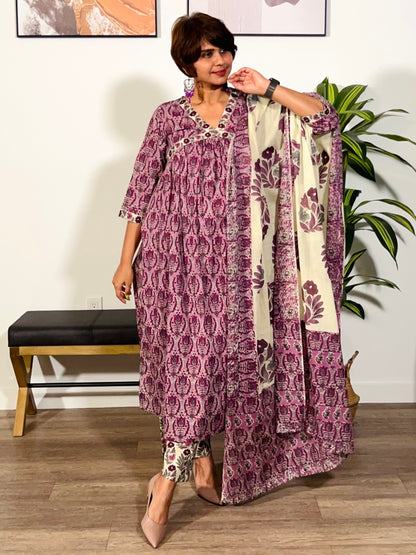 Purple Alia Handblock Suit Set