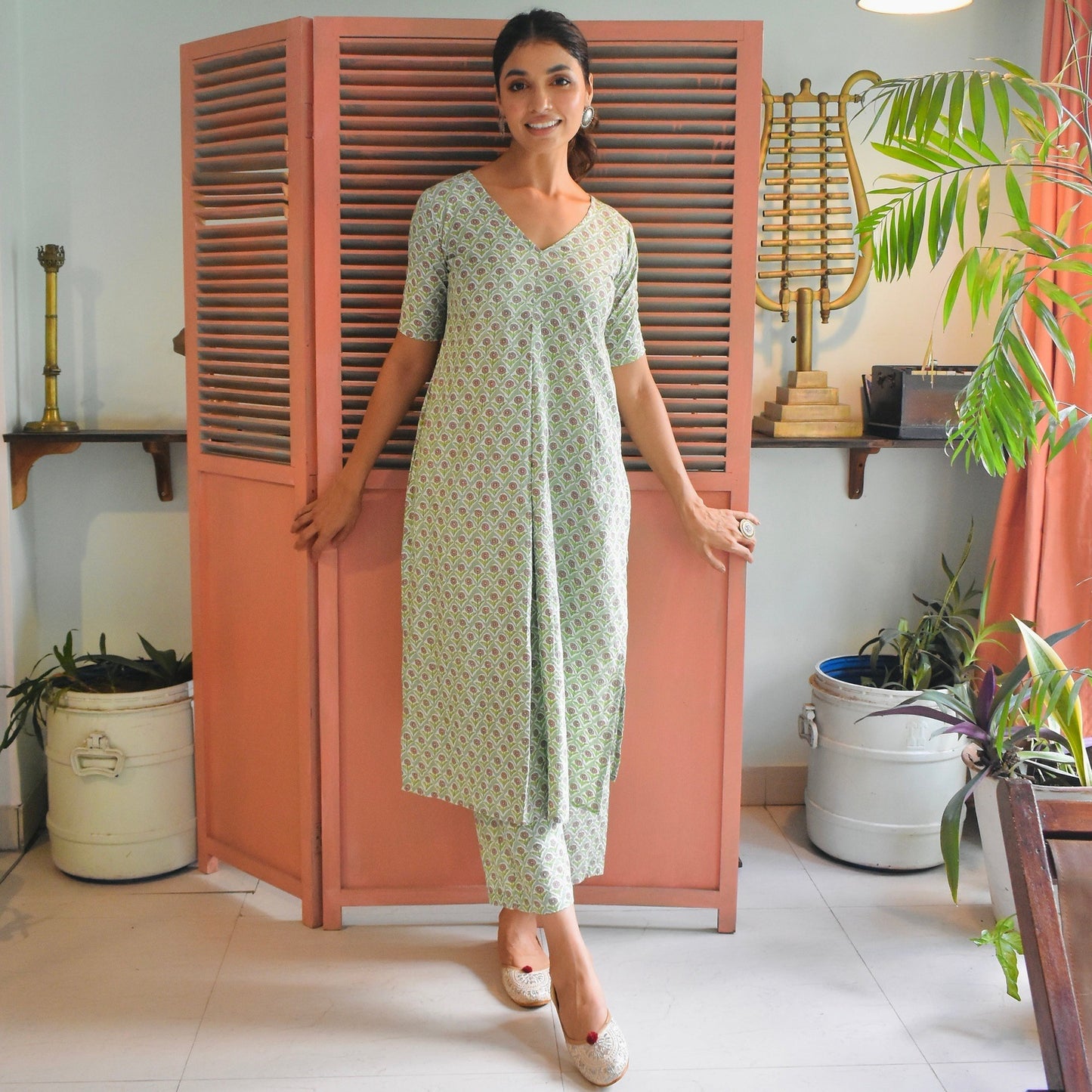 Green Kantha Embroidered Kurta Set