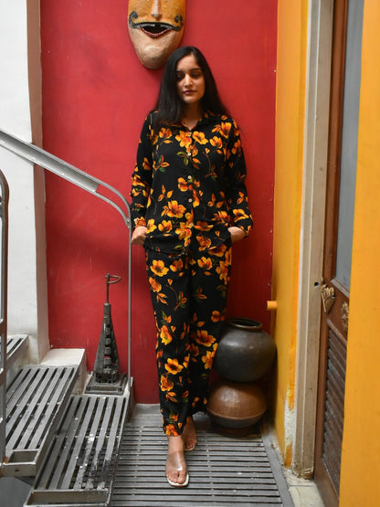 Black Floral Crepe Cord Set