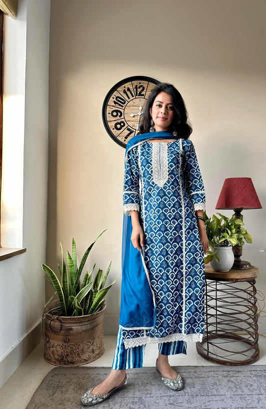 Indigo Lace Work Suit Set