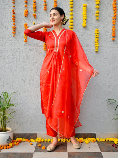 Red Raw Silk Suit Set
