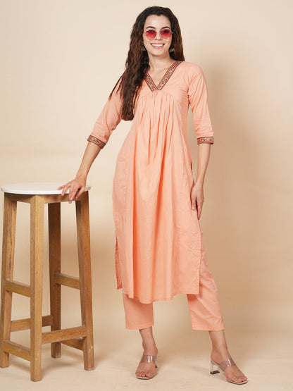 Peach Solid Kurta Set