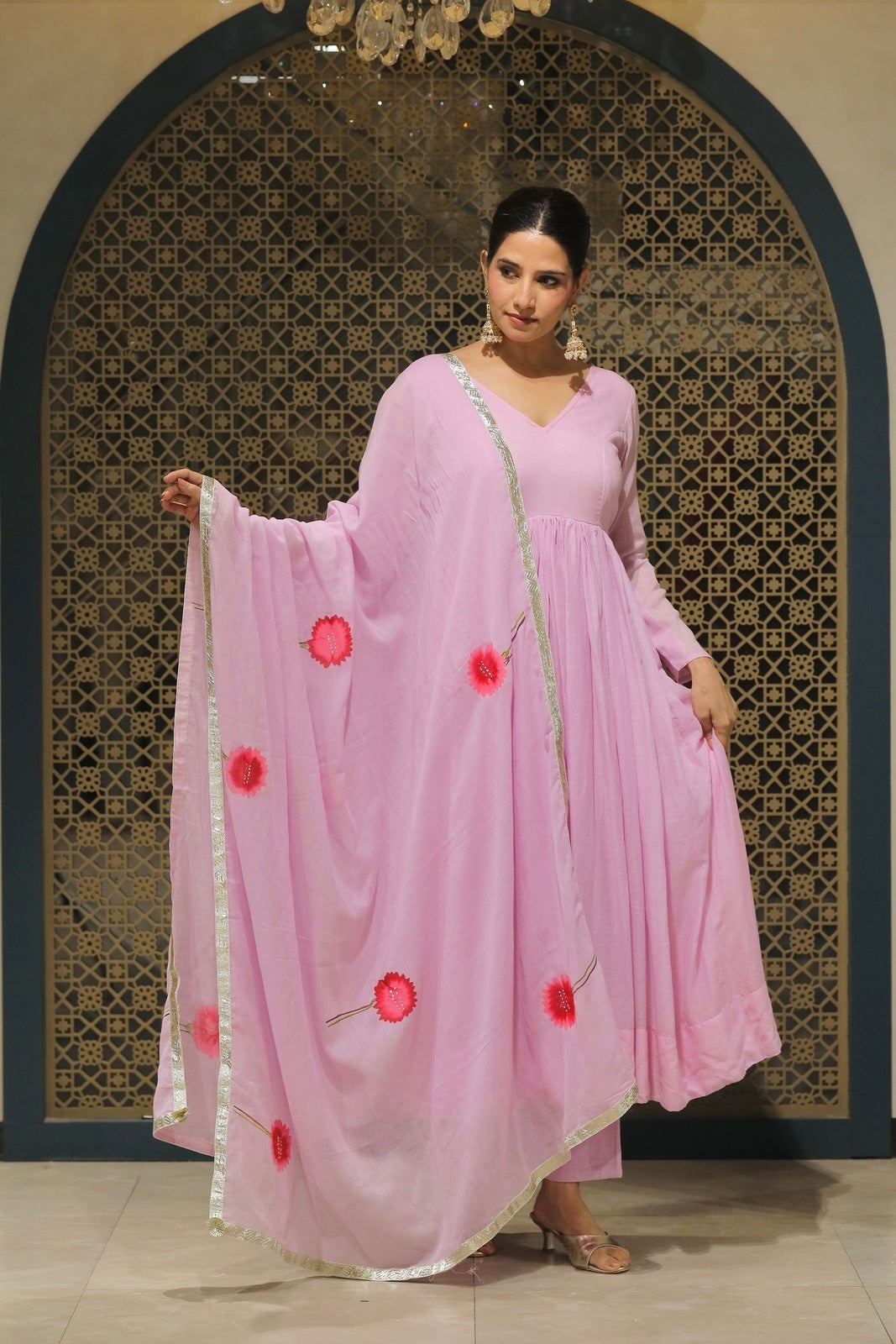 Lilac Mulmul Handpainted Anarkali Suit Set