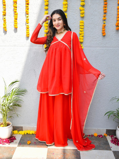 Bright Red Georgette Suit Set