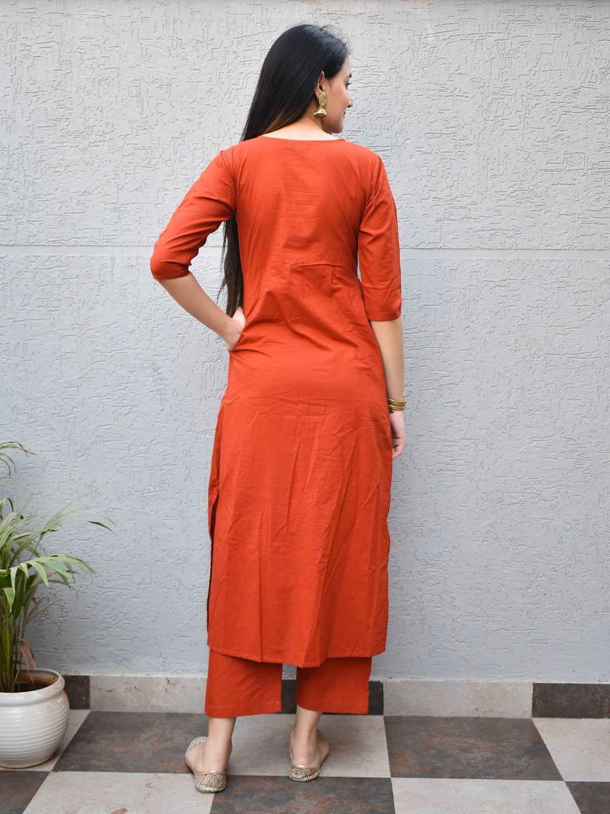 Rust Pintuck Cotton Kurta Set