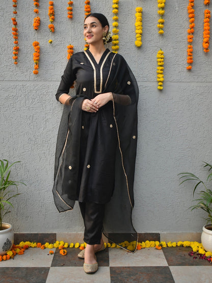 Black Raw Silk Suit Set