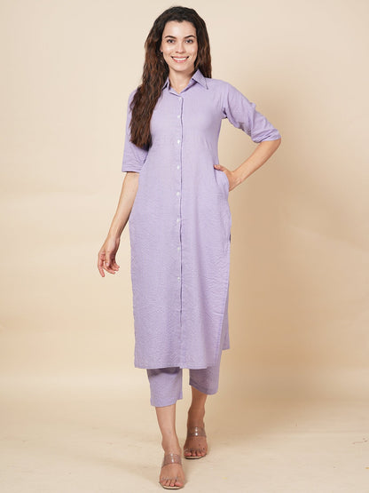 Lavender Kantha Embroidered Kurta Set
