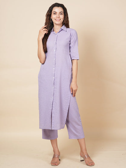 Lavender Kantha Embroidered Kurta Set