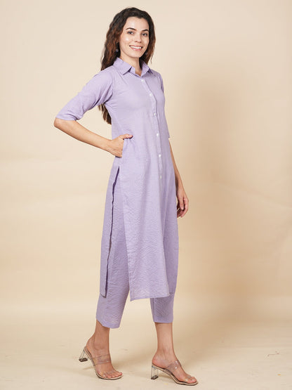 Lavender Kantha Embroidered Kurta Set