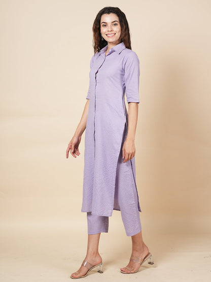 Lavender Kantha Embroidered Kurta Set