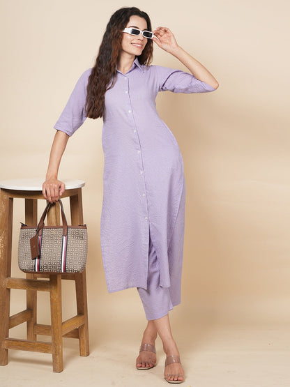 Lavender Kantha Embroidered Kurta Set
