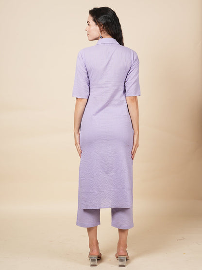 Lavender Kantha Embroidered Kurta Set