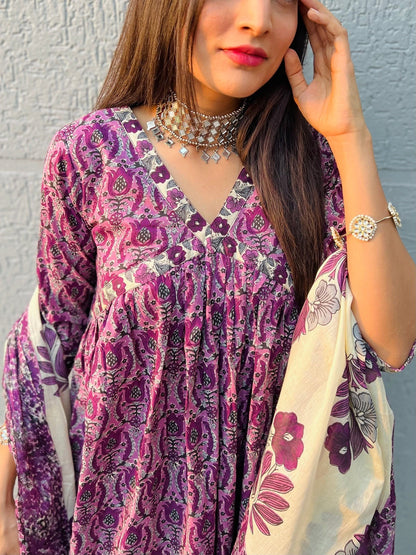 Purple Alia Handblock Suit Set
