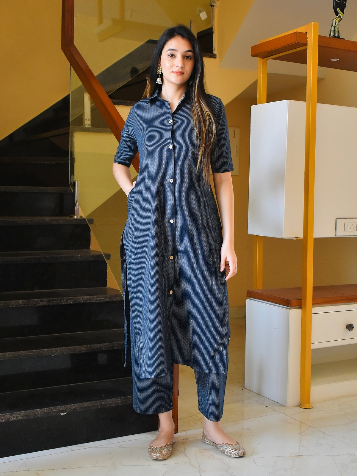 Blue Kantha Embroidered Kurta Set