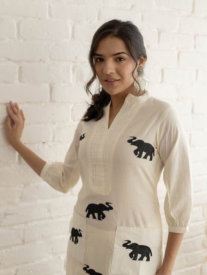 White Hathi Embroidered Kurta Set