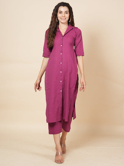 Wine Kantha Embroidered Kurta Set