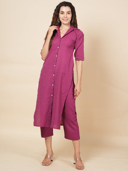 Wine Kantha Embroidered Kurta Set